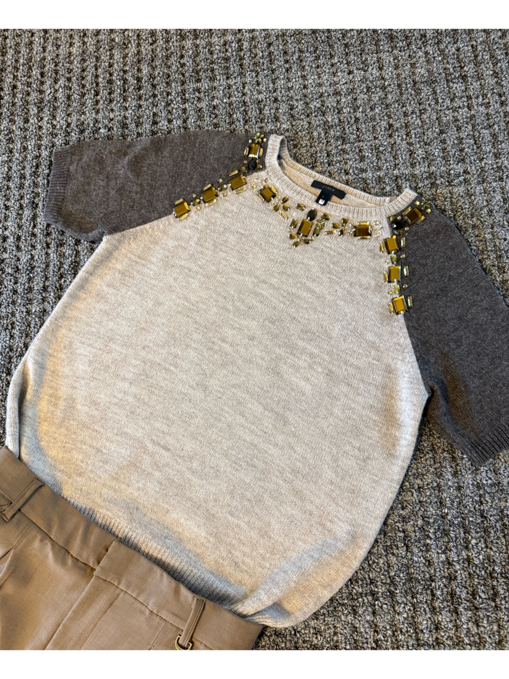 Women’s Beige & Charcoal Jeweled Short-Sleeve Sweater - Elegant Casual